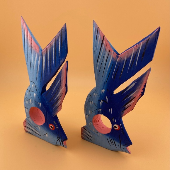 Vintage Other - 1980s Fish Wooden Napkin Rings Set of 2 - Blue and Pink